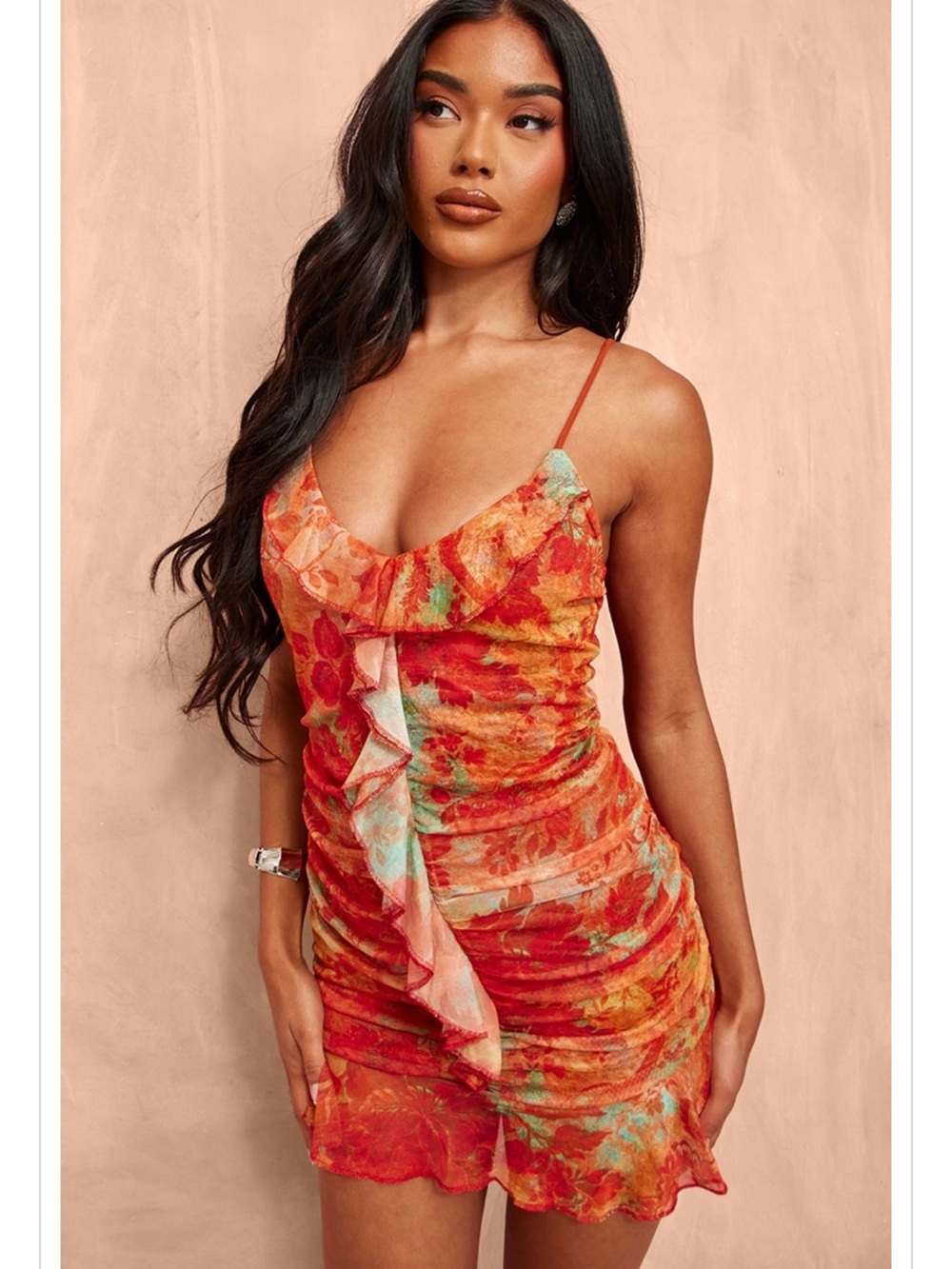 PrettyLittleThing Orange Floral Abstract Print Frill Detail Shift Dress